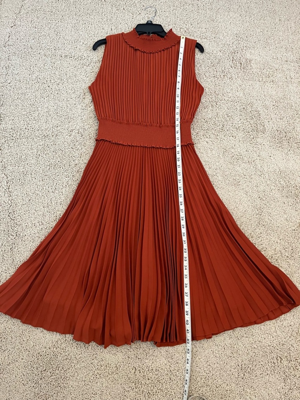 Nanette Lepore Rust Pleated Midi Dress with Smocked Waist